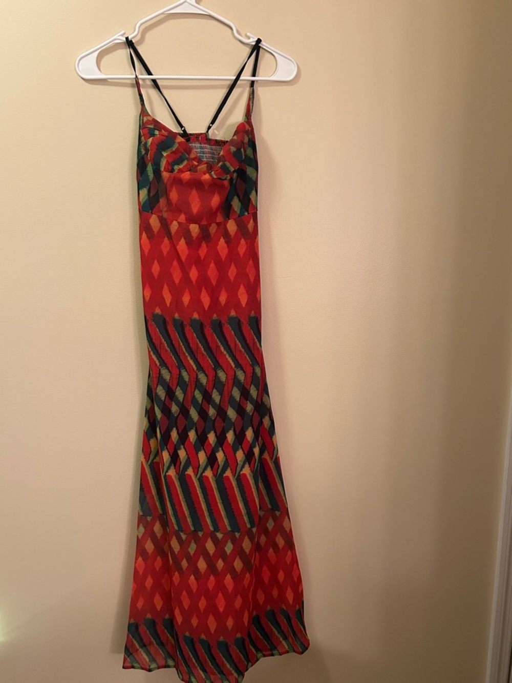 Red Geometric Print Maxi Dress Spaghetti Strap Boho Summer Dress Size M